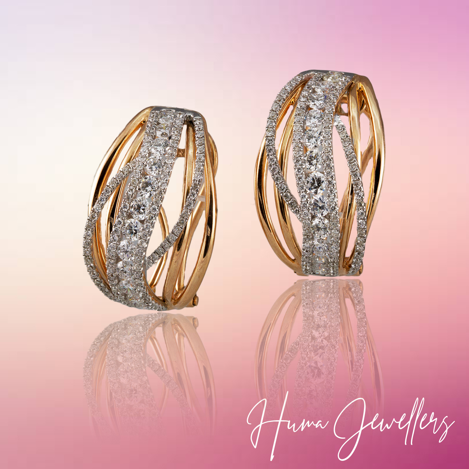 modern tops earring hoops design in diamond and 18 karat rose gold with precious setting huma jewellers karachi pakistan