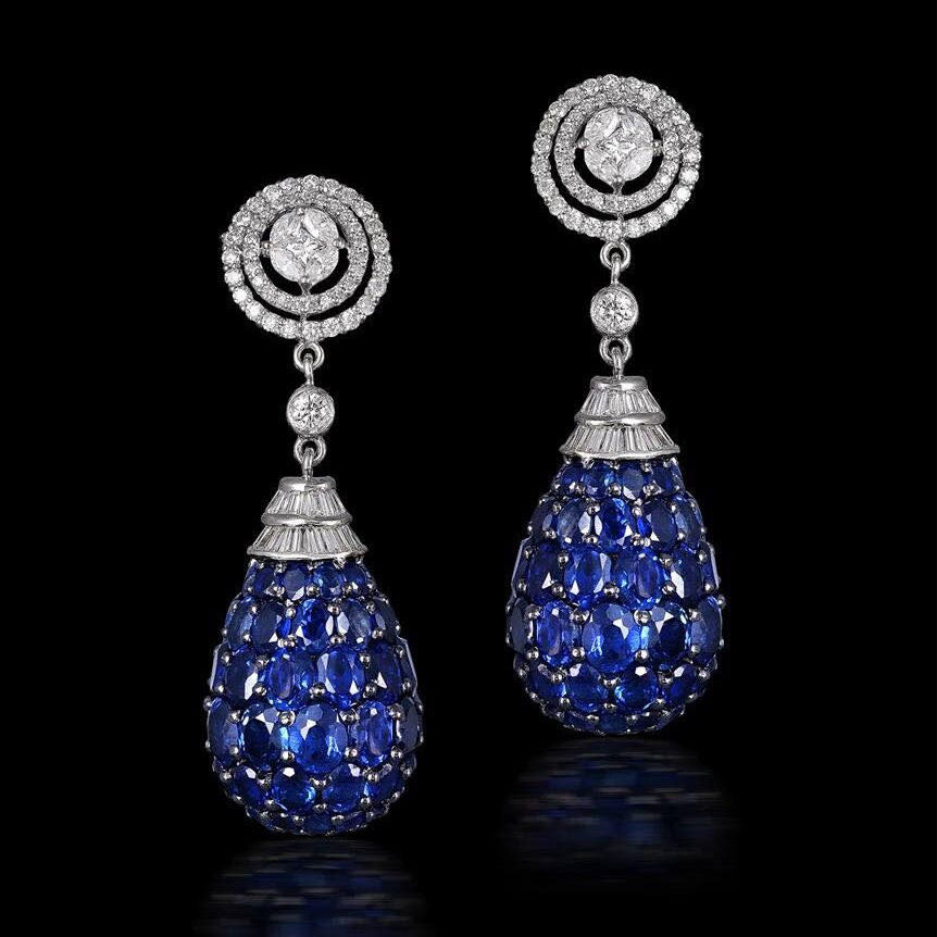women fashion diamond earring illusion blue sapphire cluster precious luxury gold white yellow 18 karat modern design huma jewellers jewlr jewellery jewelry karachi pakistan