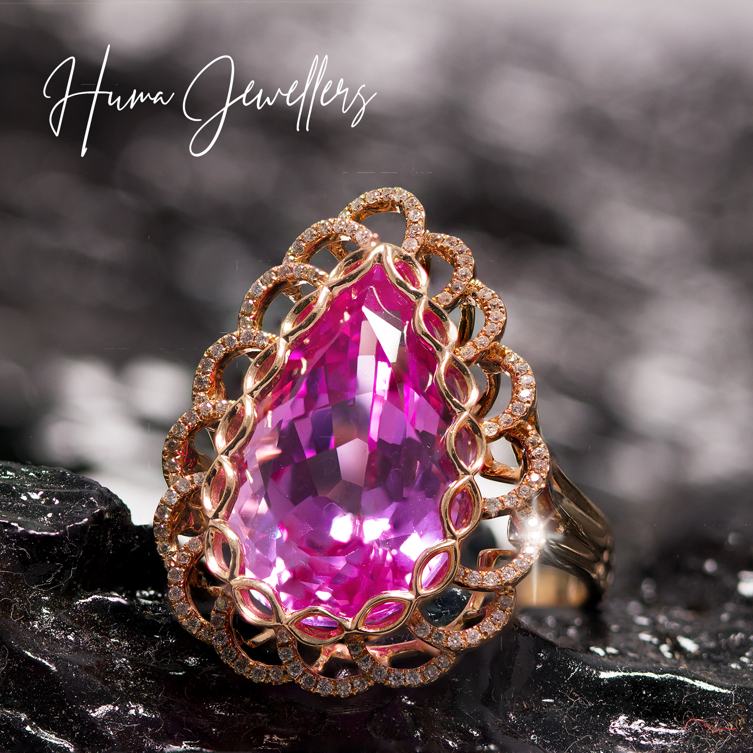 women modern fancy diamond pink turmaline ring design in rose gold 18 karat huma jewellers jewelry karachi pakistan