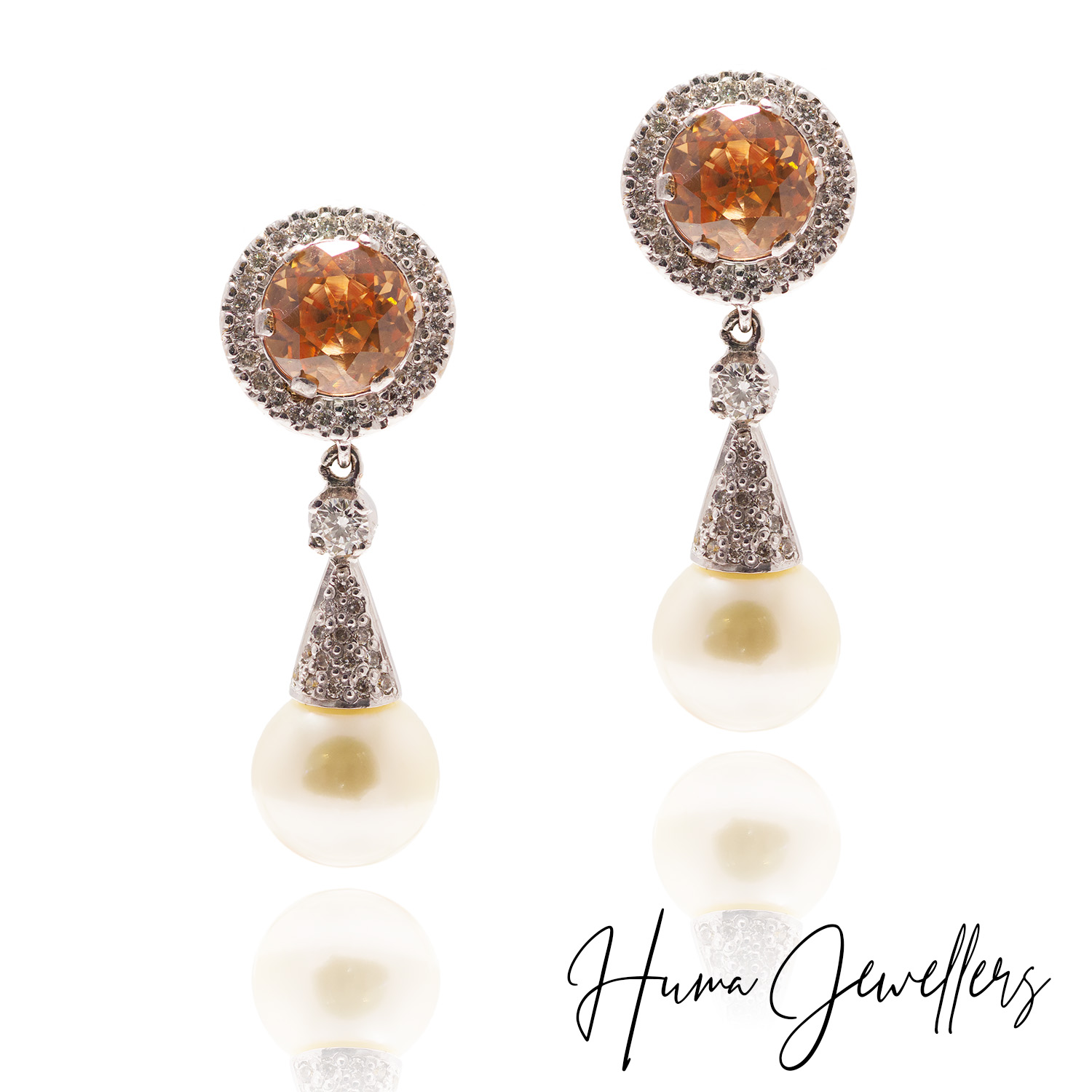 classic diamond earring design with champagne stone and south sea pearls made in 21 karat gold by huma jewellers jewelry karachi pakistan