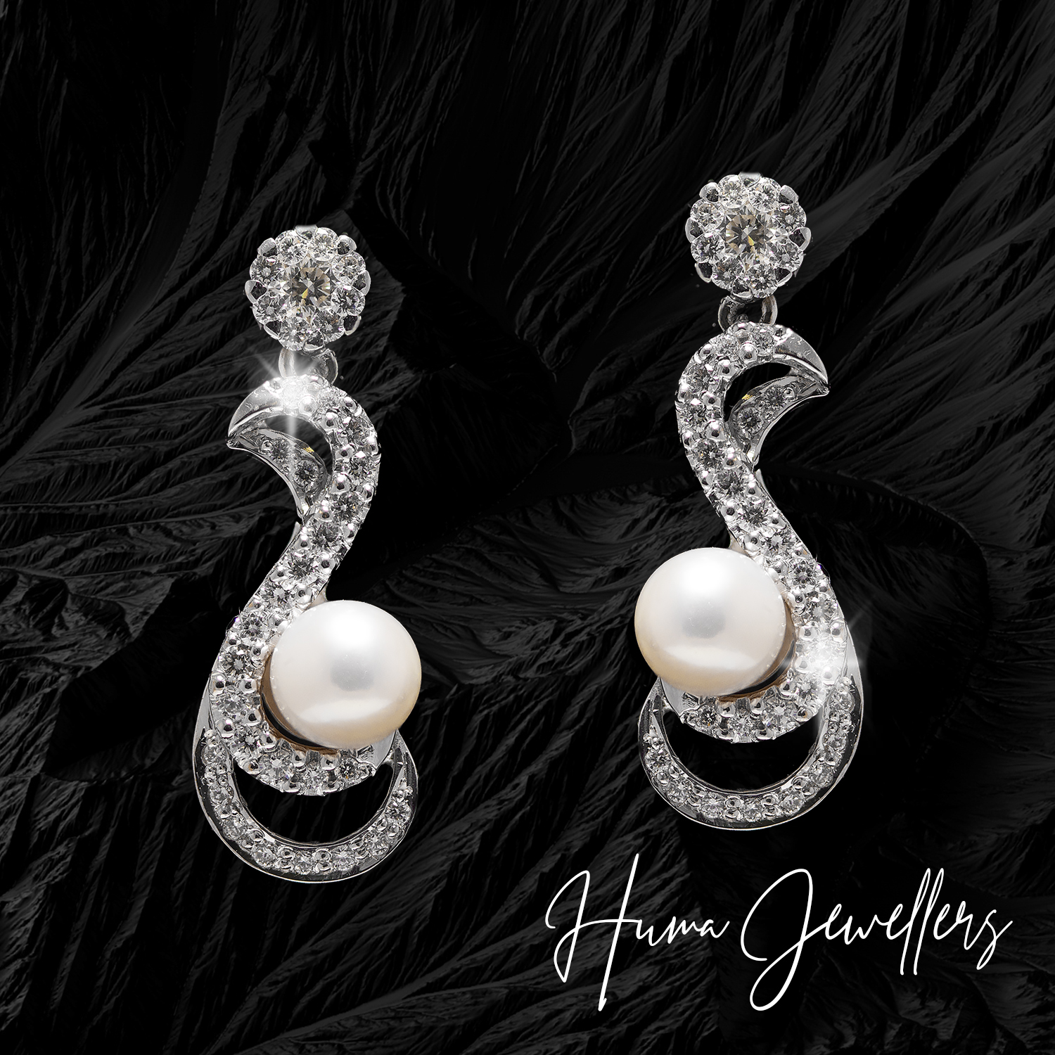 modern fancy style women diamond earrings tops with diamond illusion and natural fresh water pearls at huma jewellers karachi pakistan