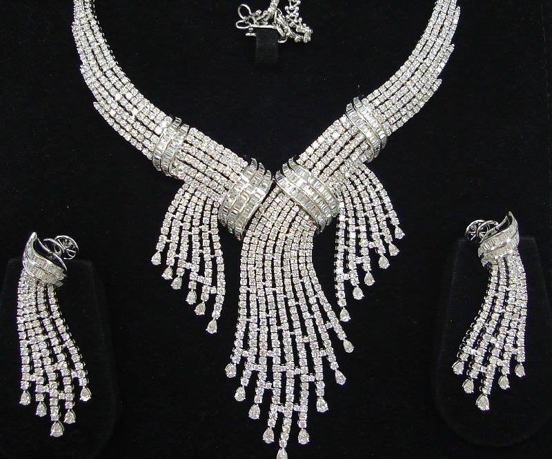 diamond stylish necklace set channel baguettes earrings deisgn modern huma jewellers jewellery jewelry women fashion karachi pakistan