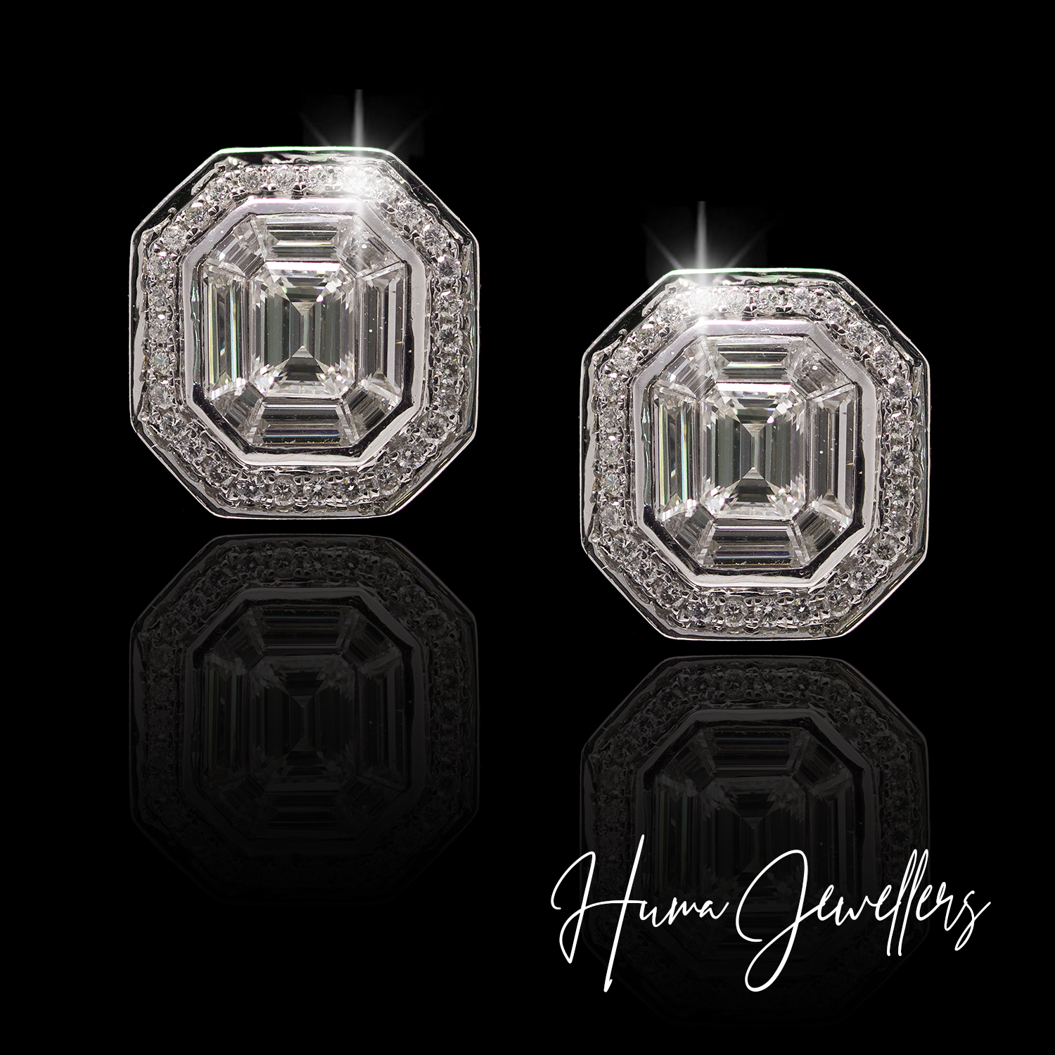 illusion setting diamond tops in emerald shaped diamond made with precision in 18 karat gold by huma jewellers karachi pakistan