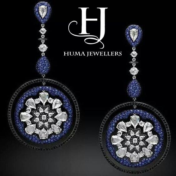diiamond sapphire long earring design huma jewellers karachi pakistan