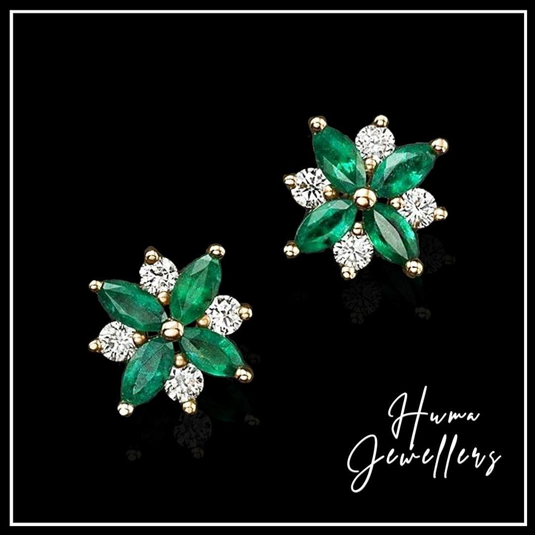emerald with diamond flower style modern earring tops casual wear huma jewellers karachi pakistan