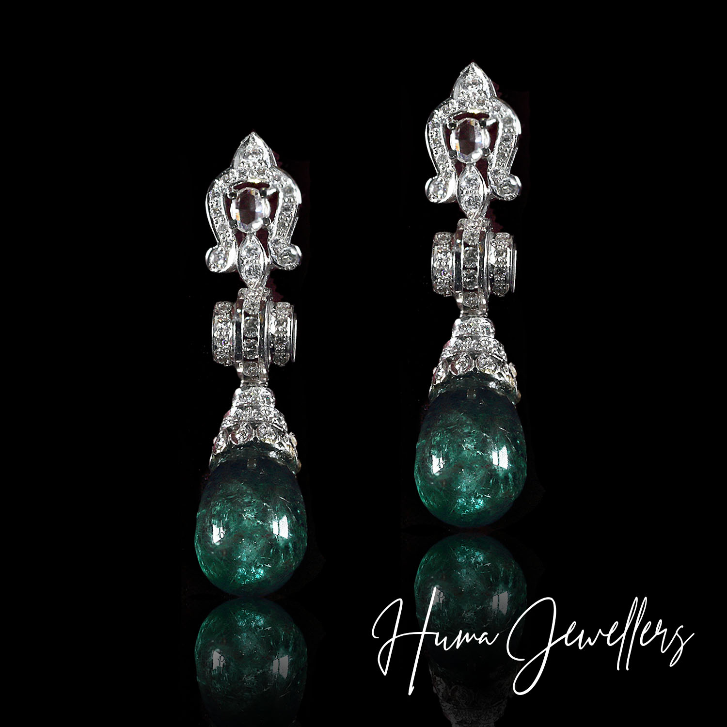 modern diamond earrings design with rose cut and cabochon emerald in huma jewellers karachi pakistan