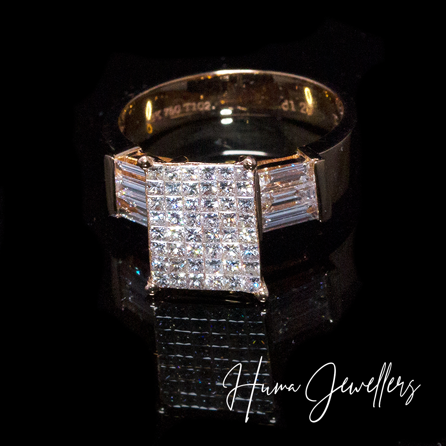 modern classic diamond ring design with princess and baguettes precious diamonds in 18 karat rose gold by huma jewellers karachi pakistan