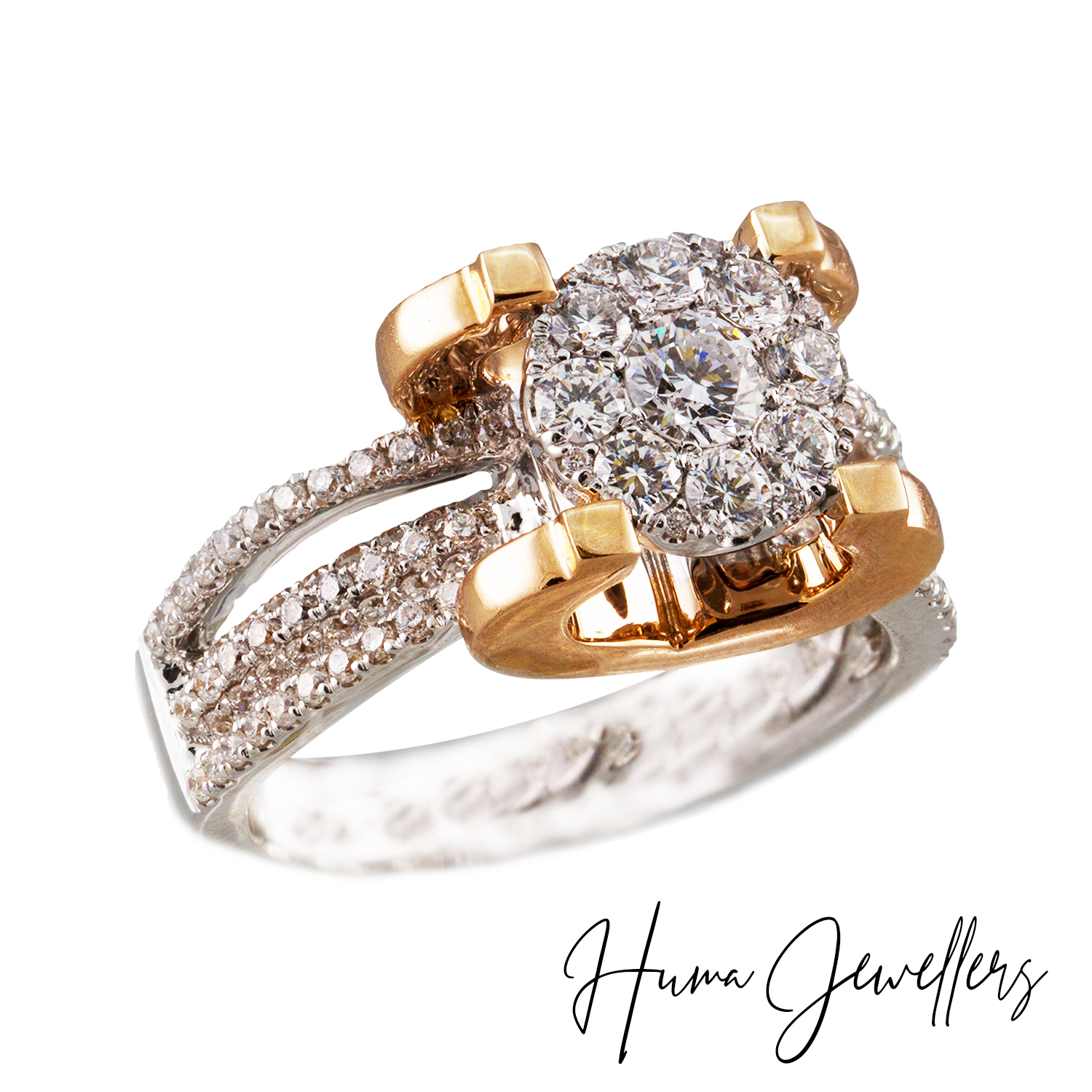 modern classic diamond ring design with round illusion precious diamonds in 18 karat rose gold by huma jewellers karachi pakistan